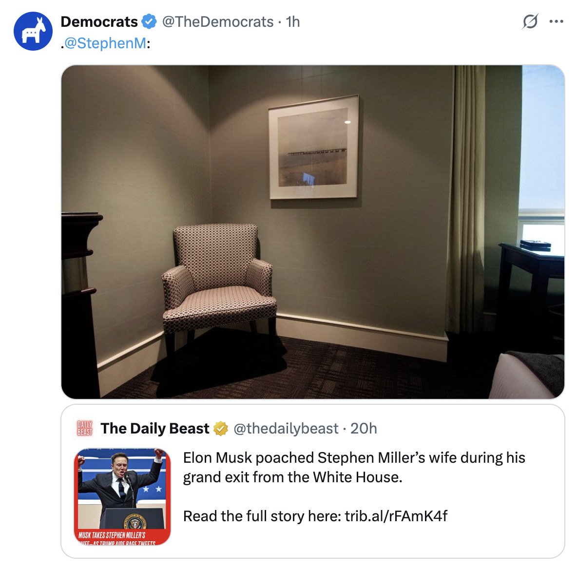 Disgusting framing by both <a href="/thedailybeast/">The Daily Beast</a> (the worst outlet in America) and pathetic by <a href="/TheDemocrats/">Democrats</a> for picking it up. 

Elon Musk is hiring Stephen Miller's wife, because she's really good at her job.