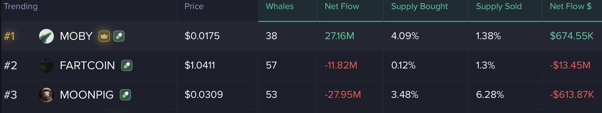 $Moby Update 

The overall market is deep red today - Dont panic

fartcoin with a net whale outflow of more than $1M , moonpig -$600k

Overall it shows that $Moby has positive +$600k whale net inflow - with whales holding

this just shows that weak hands are selling for small