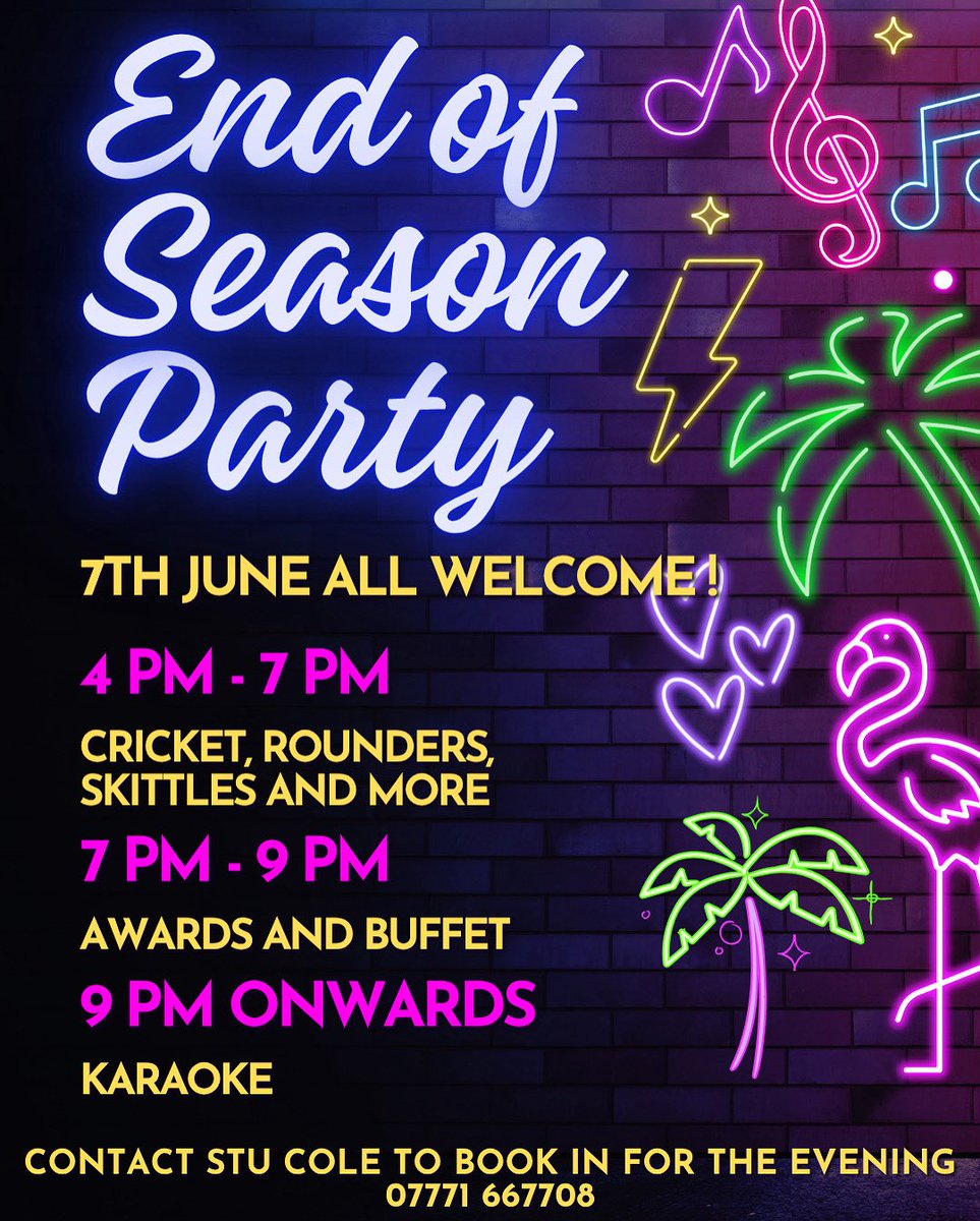 END OF SEASON PARTY 7TH JUNE

We would like to invite all players, members, supporters and sponsors to join us for a celebration of a great season at PoW.

If you are planning to have some of the buffet, please contact Stu Cole (07771 667708) to confirm.