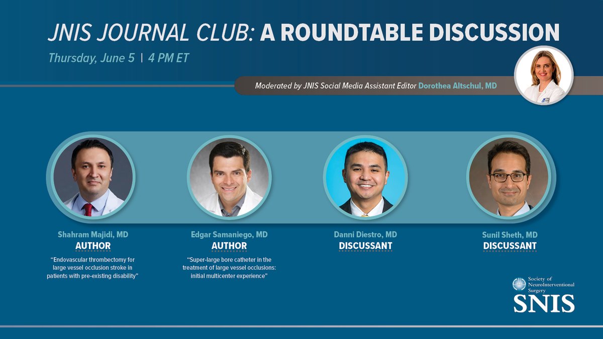 SNIS Info (@snisinfo) on Twitter photo The next <a href="/JNIS_BMJ/">JNIS</a> Journal Club is Thursday, 6/5 at 4pm ET. Authors <a href="/MajidiShahram/">Shahram Majidi, MD</a> and <a href="/esamaniego/">Edgar A Samaniego P</a> will sit down with JNIS Social Media Assistant Editor <a href="/DrAltschul/">Dorothea Altschul MD FAHA FSVIN</a> and discussants <a href="/DanniDiestro/">Dr. DiestroKE</a> and <a href="/SunilAShethMD/">Sunil Sheth, MD</a>.
Register: register.gotowebinar.com/register/86955… The next <a href="/JNIS_BMJ/">JNIS</a> Journal Club is Thursday, 6/5 at 4pm ET. Authors <a href="/MajidiShahram/">Shahram Majidi, MD</a> and <a href="/esamaniego/">Edgar A Samaniego P</a> will sit down with JNIS Social Media Assistant Editor <a href="/DrAltschul/">Dorothea Altschul MD FAHA FSVIN</a> and discussants <a href="/DanniDiestro/">Dr. DiestroKE</a> and <a href="/SunilAShethMD/">Sunil Sheth, MD</a>.
Register: register.gotowebinar.com/register/86955…