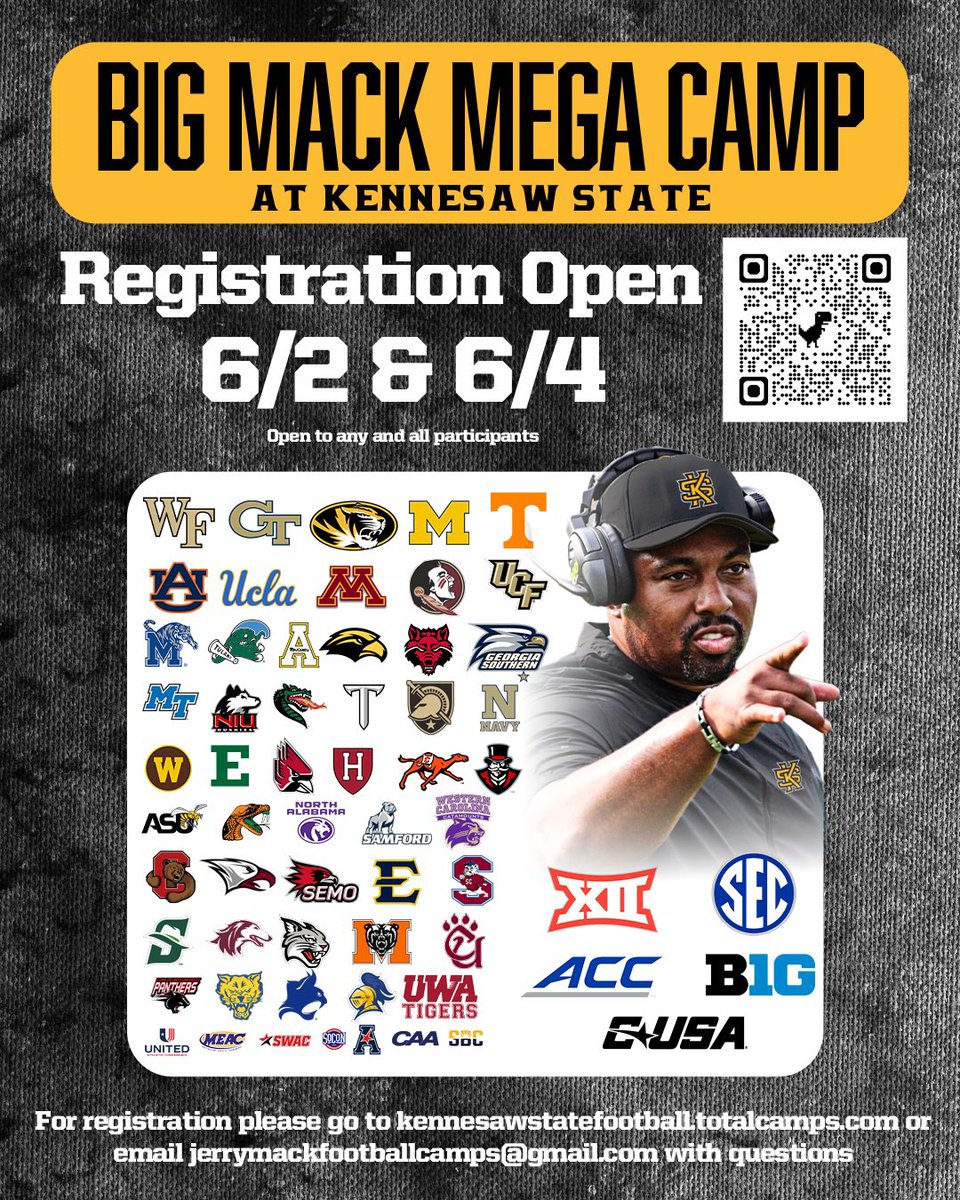 I’ll be at the <a href="/kennesawstfb/">Kennesaw State Football</a> mega camp on June 2nd! <a href="/cotero1976/">Chris Otero</a> <a href="/FIHSFOOTBALL/">Fleming Island Football 🦅</a> <a href="/DChipoletti/">Derek Chipoletti</a> <a href="/CoachYarbs/">Corbett “Corey” Yarbrough</a>