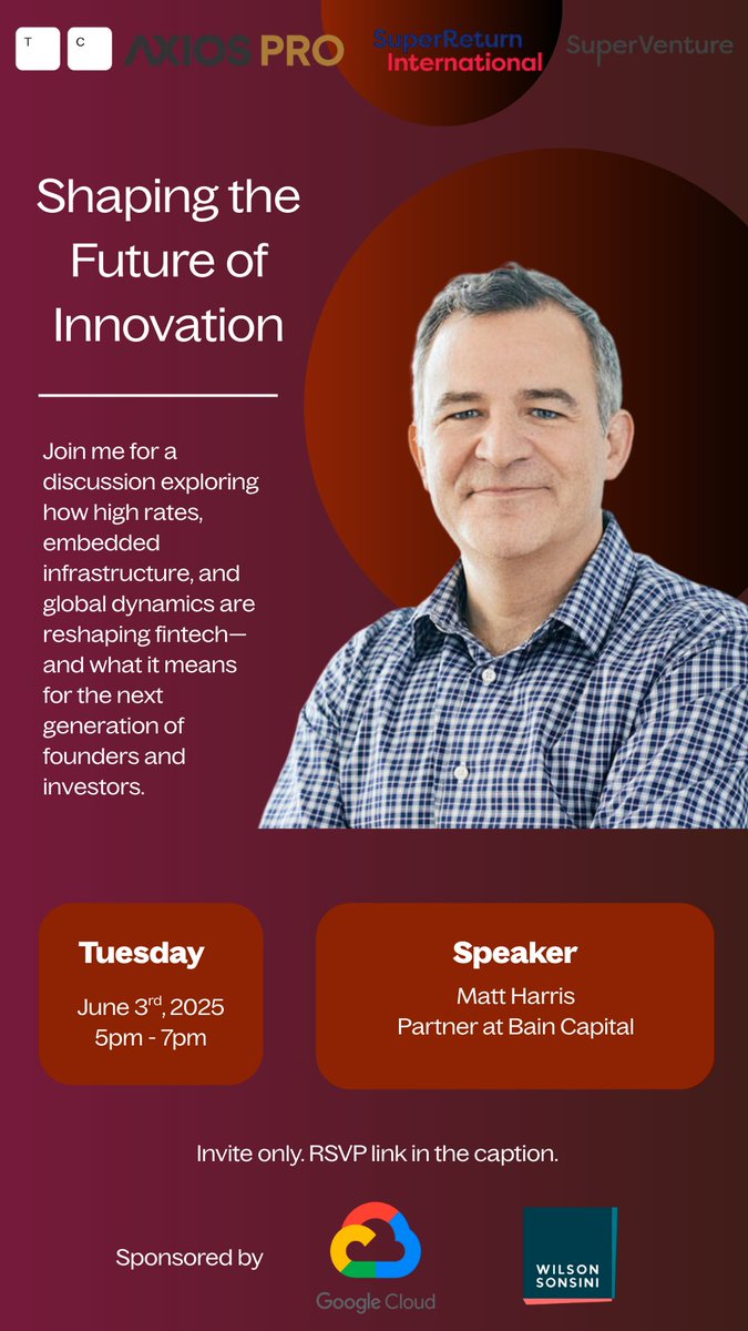 Type Capital (@typecapital) on Twitter photo Next week, <a href="/axios/">Axios</a> and Type Capital are thrilled to welcome <a href="/mattcharris/">Matt Harris</a> of <a href="/BainCapVC/">Bain Capital Ventures</a> to the stage for our event alongside <a href="/SuperReturn/">SuperReturn</a>. For over 30 years, Matt has been investing in visionary fintech founders, and weβre excited to learn from his insights! Next week, <a href="/axios/">Axios</a> and Type Capital are thrilled to welcome <a href="/mattcharris/">Matt Harris</a> of <a href="/BainCapVC/">Bain Capital Ventures</a> to the stage for our event alongside <a href="/SuperReturn/">SuperReturn</a>. For over 30 years, Matt has been investing in visionary fintech founders, and weβre excited to learn from his insights!