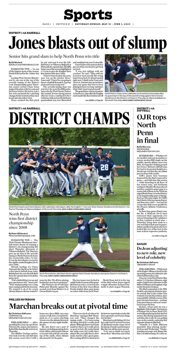 Ed Morlock (@emor09) on Twitter photo Tomorrow's sports cover for the Reporter (<a href="/ReporterSports/">The Reporter Sports</a>) and Times Herald (<a href="/MontCoSports/">Times Herald Sports</a>) features North Penn baseball's district championship win. <a href="/NPKnights/">NPKnightsBaseball</a> Tomorrow's sports cover for the Reporter (<a href="/ReporterSports/">The Reporter Sports</a>) and Times Herald (<a href="/MontCoSports/">Times Herald Sports</a>) features North Penn baseball's district championship win. <a href="/NPKnights/">NPKnightsBaseball</a>