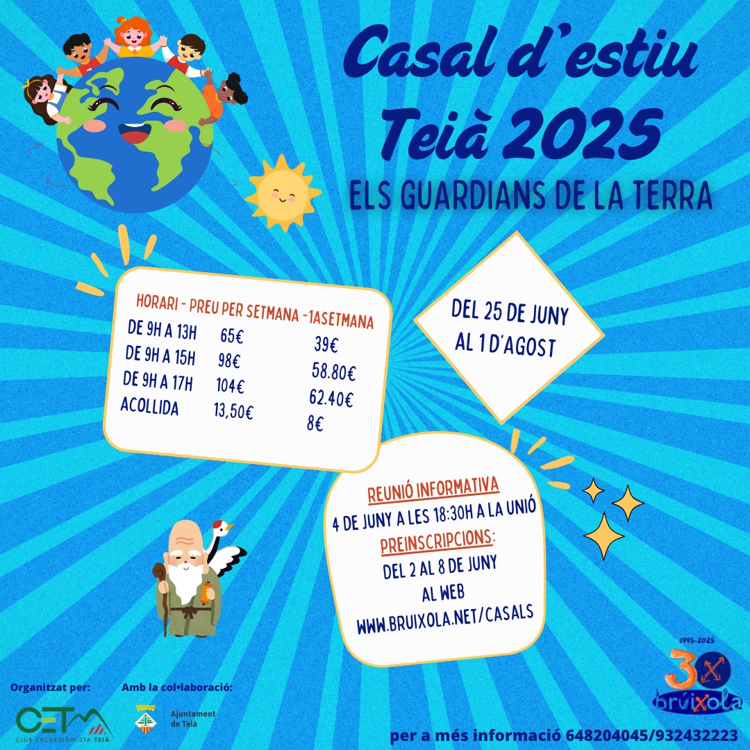 Ajuntament de Teià (@ajteia) on Twitter photo ⛱️ L’Ajuntament i el <a href="/clubexcursioni1/">clubexcursionistateia</a> han signat un conveni que garanteix l’organització d’un Casal d’Estiu per a tots els infants de #Teià de 3 a 12 anys
🌍 Aquest servei serà prestat per l’empresa de lleure Brúixola, del 25/06 a l'1/08 sota el lema ‘Els guardians de la Terra’ ⛱️ L’Ajuntament i el <a href="/clubexcursioni1/">clubexcursionistateia</a> han signat un conveni que garanteix l’organització d’un Casal d’Estiu per a tots els infants de #Teià de 3 a 12 anys
🌍 Aquest servei serà prestat per l’empresa de lleure Brúixola, del 25/06 a l'1/08 sota el lema ‘Els guardians de la Terra’