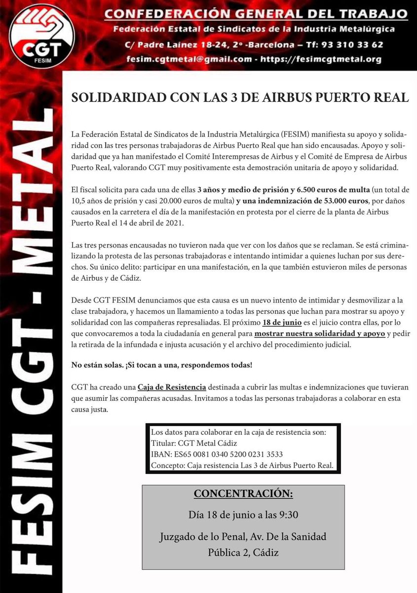 SOLIDARIDAD CON LAS 3 DE AIRBUS PUERTO REAL

Porque defender tu trabajo NO es un delito.

#Las3DePuertoReal
#AirbusEnLucha