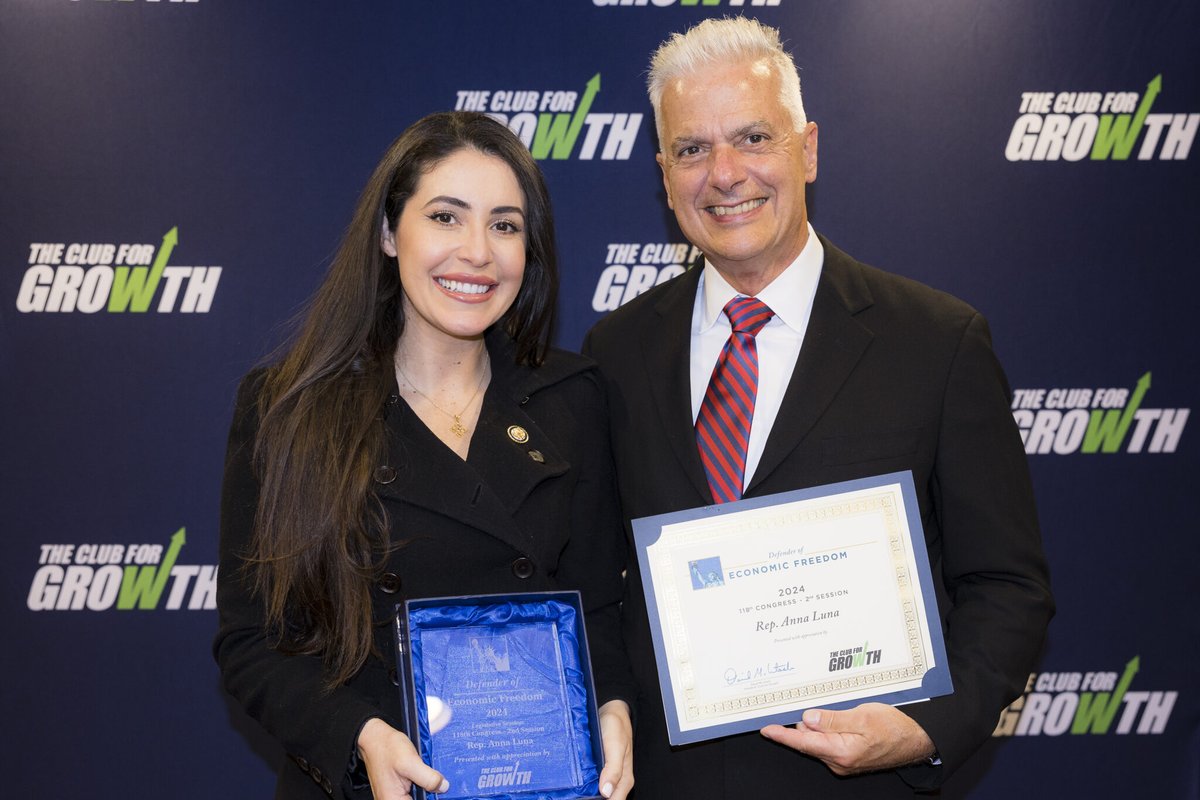 Club for Growth (@club4growth) on Twitter photo 🏆 Congratulations to <a href="/RepLuna/">Rep. Anna Paulina Luna</a> — recognized by Club for Growth as a Defender of Economic Freedom!
This award is based on voting records presented by the @cfgFoundation’s 2024 Congressional Scorecard and honors those who consistently support pro-growth economic policies in 🏆 Congratulations to <a href="/RepLuna/">Rep. Anna Paulina Luna</a> — recognized by Club for Growth as a Defender of Economic Freedom!
This award is based on voting records presented by the @cfgFoundation’s 2024 Congressional Scorecard and honors those who consistently support pro-growth economic policies in
