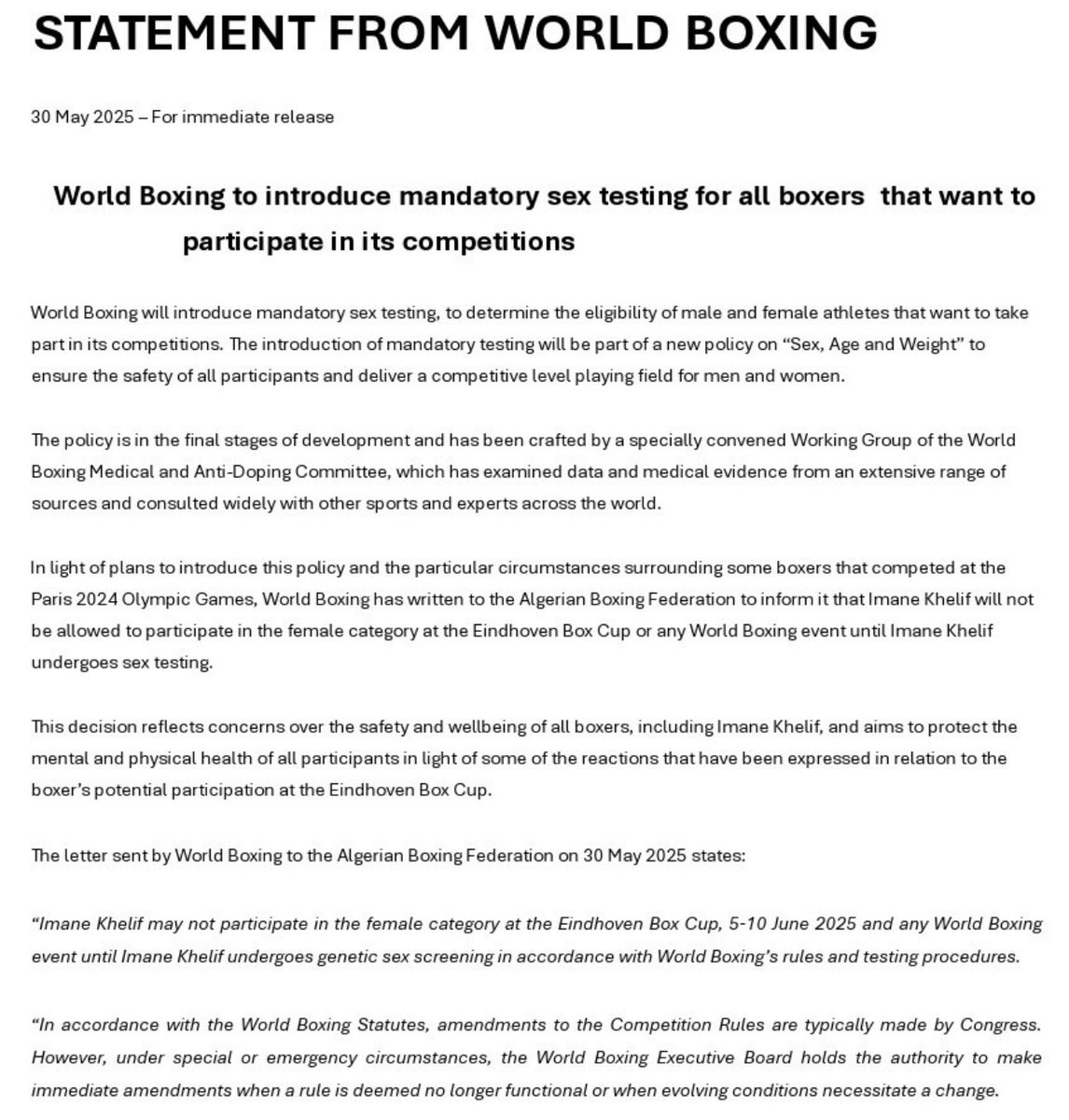 We won women. Imane Khelif and every other man will have to undertake mandatory sex tests. Well done to all the women who have made so much noise - not limited to - but especially, the brave women who got out in protest at the Olympics last August and kicked the whole thing off