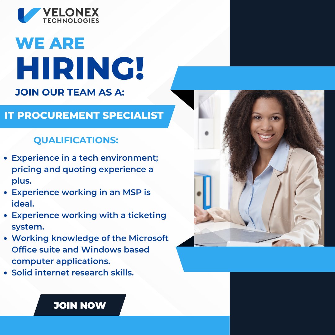 velonexit's tweet photo. Velonex Technologies is looking for an IT Procurement Specialist. #JoinOurTeam #Procurement #ManagedServiceProvider #Hiring
👉https://t.co/EFSO0hjtmE https://t.co/jtQTBVgm1T
