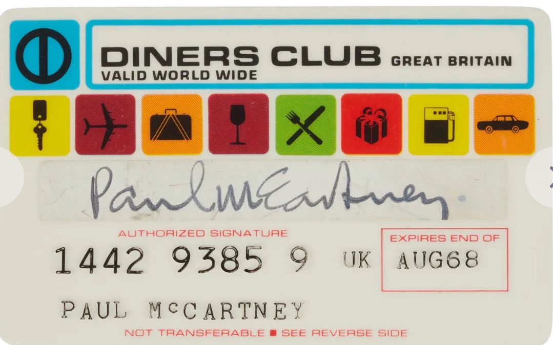 Darren Rovell (@darrenrovell) on Twitter photo Paul McCartney’s Diners Club card from 1968 sold for $9,100 today at <a href="/JuliensAuctions/">Julien's Auctions</a>. Paul McCartney’s Diners Club card from 1968 sold for $9,100 today at <a href="/JuliensAuctions/">Julien's Auctions</a>.