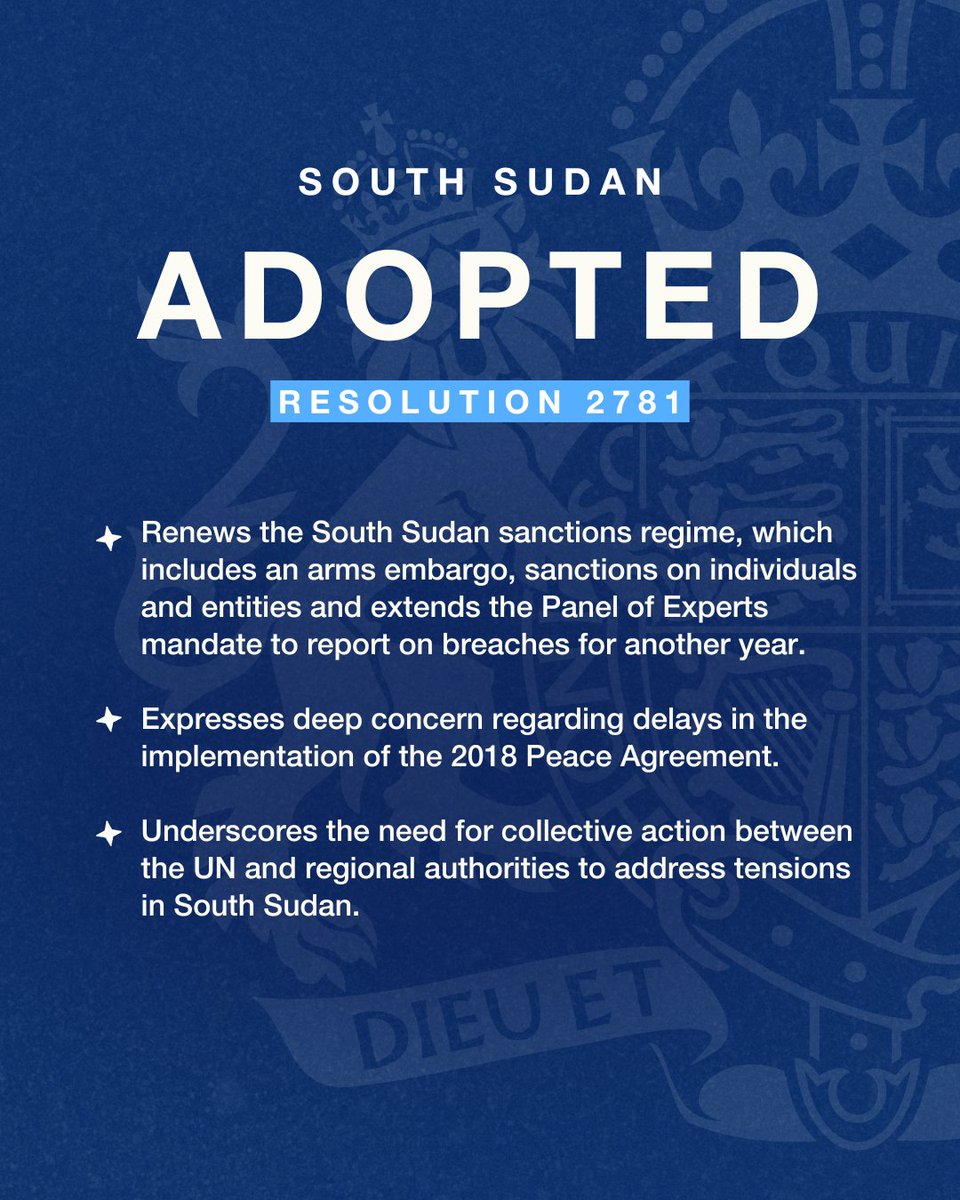 UK at the UN ๐ฌ๐ง๐บ๐ณ (@ukun_newyork) on Twitter photo Today the <a href="/UN/">United Nations</a> Security Council renewed the South Sudan sanctions regime to support peace and security, including by stopping weapons from getting to those perpetuating violence.
The UK supports the 2018 Peace Agreement, the best way to alleviate suffering in South Sudan. Today the <a href="/UN/">United Nations</a> Security Council renewed the South Sudan sanctions regime to support peace and security, including by stopping weapons from getting to those perpetuating violence.
The UK supports the 2018 Peace Agreement, the best way to alleviate suffering in South Sudan.