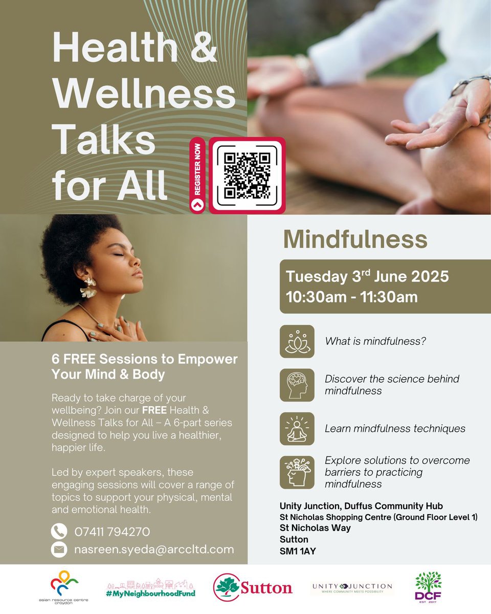 🍎 Health &amp; Wellness Talk: 🗣️
💆🏻 Mindfulness

💭 What is mindfulness?
🔎 Discover the science behind mindfulness
🧘🏽‍♀️ Learn mindfulness techniques
💡 Explore solutions to overcome barriers

🗓️ Tue 3rd Jun 25
🕥 10:30am - 11:30am

📍 Unity Junction
<a href="/DuffusCF/">Duffus Community Foundation</a>