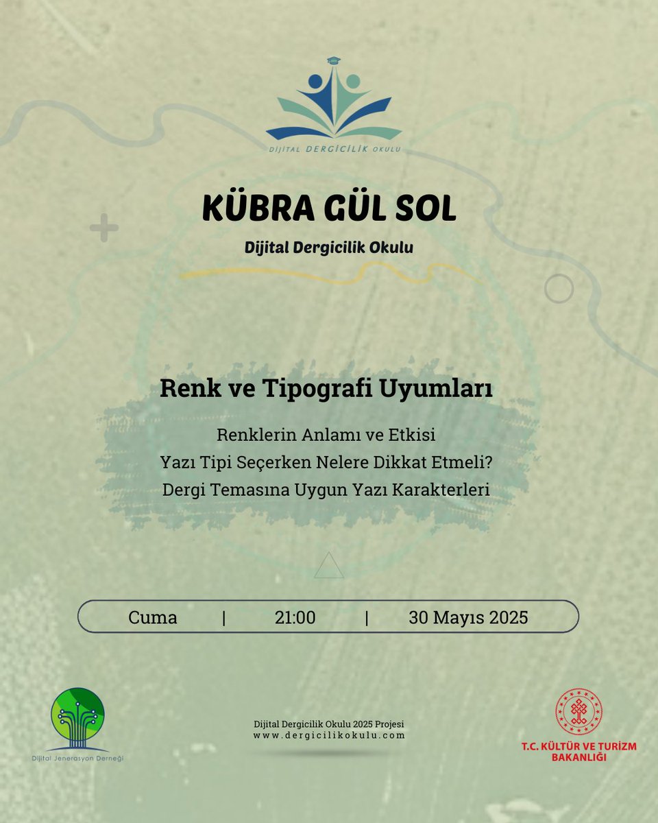 Kübra Gül Sol ile Renk ve Tipografi Uyumları dersimizle;

Renklerin Anlamı ve Etkisi
Yazı Tipi Seçerken Nelere Dikkat Etmeli?
Dergi Temasına Uygun Yazı Karakterleri

📅 30 Mayıs 2025, Cuma
🕘 21:00
🚩 Dijital Dergicilik Okulu
