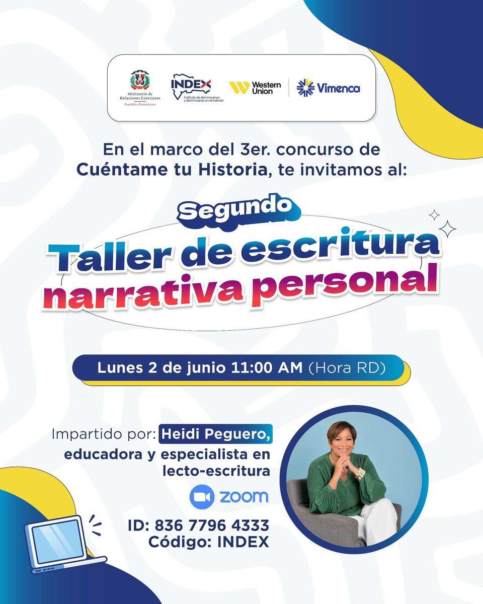 RDenMarsella's tweet photo. ¡Atención participantes de “Cuéntame tu Historia”! ✍️🌍

El 3er. concurso sigue impulsando tu creatividad con el Segundo Taller de Escritura: Narrativa Personal, impartido por la educadora y especialista en lectoescritura @heidi_educa. ✍️ https://t.co/C14QeOxZyX