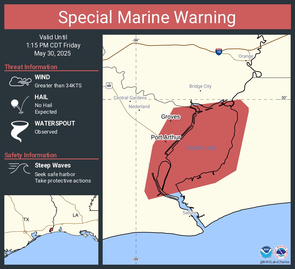 Special Marine Warning including the Sabine Lake until 1:15 PM CDT