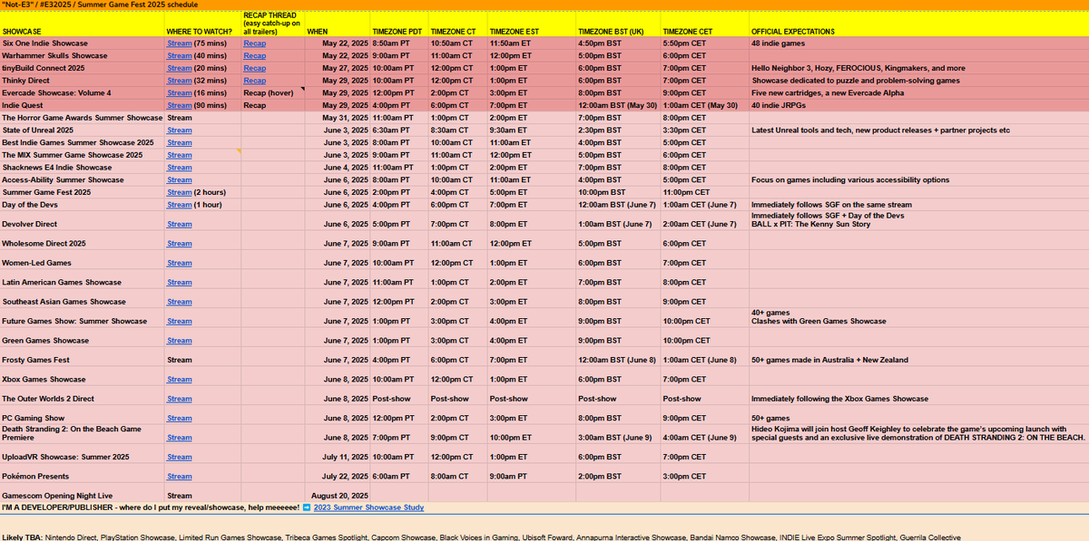 Toadsanime's tweet photo. Here's a full schedule for #NotE3 / #SummerGameFest - every showcase, all the times ☀️🎮

This is unlikely the full schedule - there were 43 showcases last year. Link below is kept updated, incl. recap threads and stream links for easy access! 😁

https://t.co/uQgb9cSuOd https://t.co/4U826CFGz8
