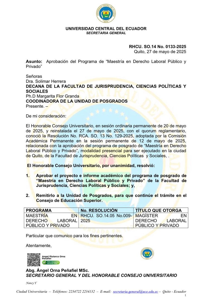 El Honorable Consejo Universitario de <a href="/lacentralec/">Universidad Central del Ecuador</a> aprobó la Maestría en Derecho Laboral Público y Privado. Continuamos con el trámite para aprobación por parte del Consejo de Educación Superior.