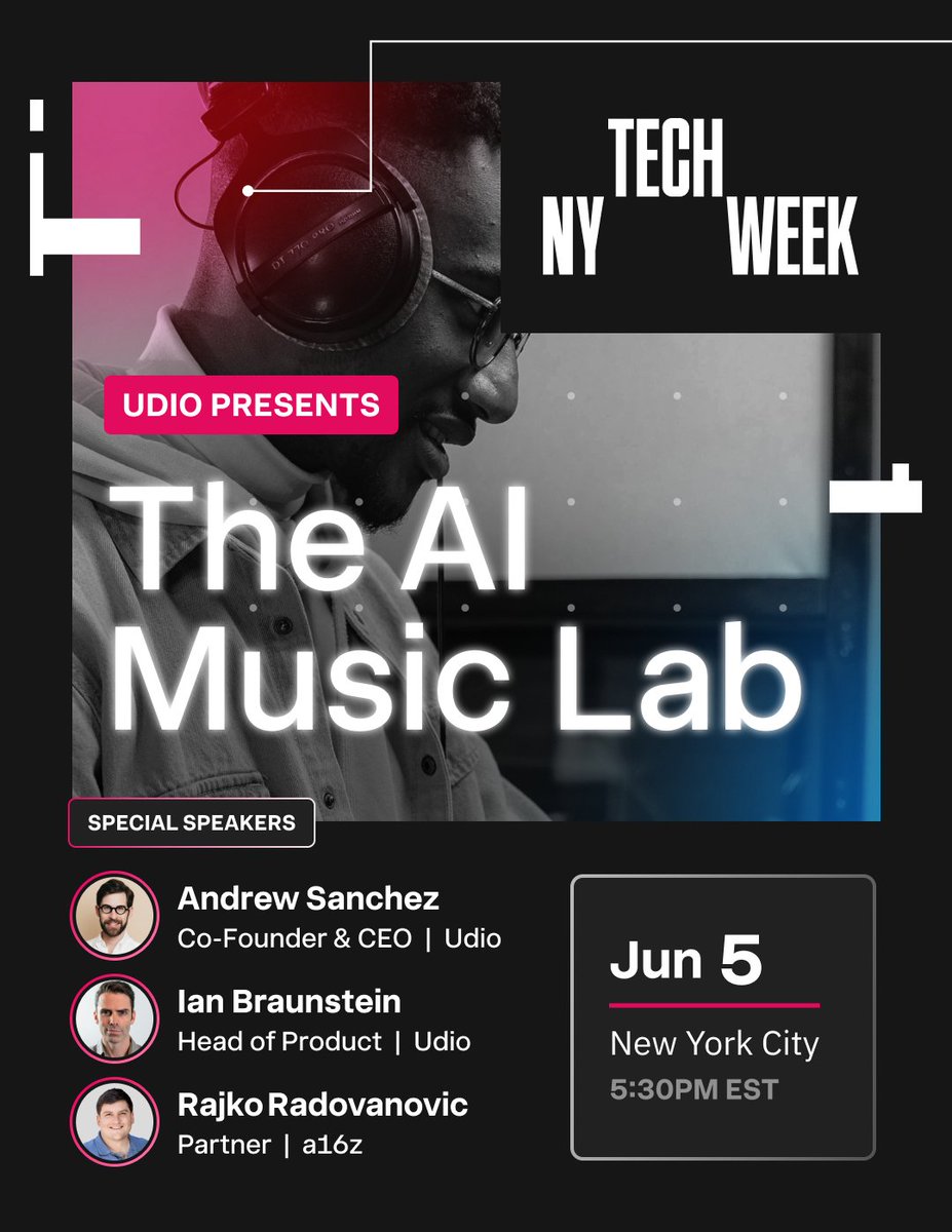 udio (@udiomusic) on Twitter photo #NYTechWeek is next week! Donāt miss Udioās AI Music Lab on Thurs., June 5. <a href="/a16z/">a16z</a> Partner, <a href="/rajko_rad/">Rajko RadovanoviÄ</a> joins our panel to provide his industry P.O.V. ā R.S.V.P. now and drop a š¶ in the comments, if youāre pulling up! partiful.com/e/So7R9Pduw0Nv⦠@techweek_ tech-week.com #NYTechWeek is next week! Donāt miss Udioās AI Music Lab on Thurs., June 5. <a href="/a16z/">a16z</a> Partner, <a href="/rajko_rad/">Rajko RadovanoviÄ</a> joins our panel to provide his industry P.O.V. ā R.S.V.P. now and drop a š¶ in the comments, if youāre pulling up! partiful.com/e/So7R9Pduw0Nv⦠@techweek_ tech-week.com