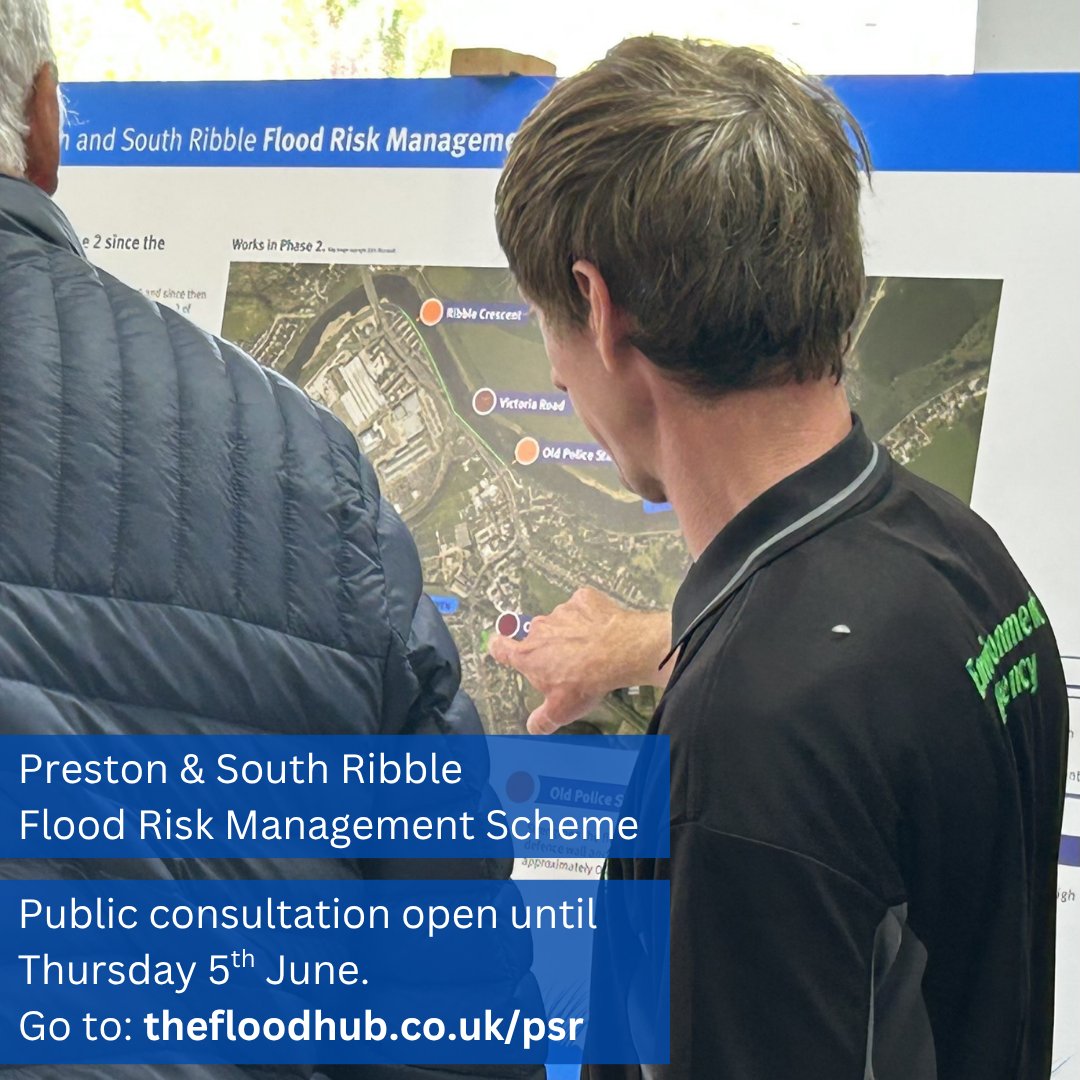 Last chance to have your say on the proposed flood scheme for Walton-le-Dale.

The public consultation on the next phase of the #Preston and #SouthRibble Flood Scheme closes Thursday 5th June - don't miss your opportunity to share your views.

Go to 👉 thefloodhub.co.uk/psr