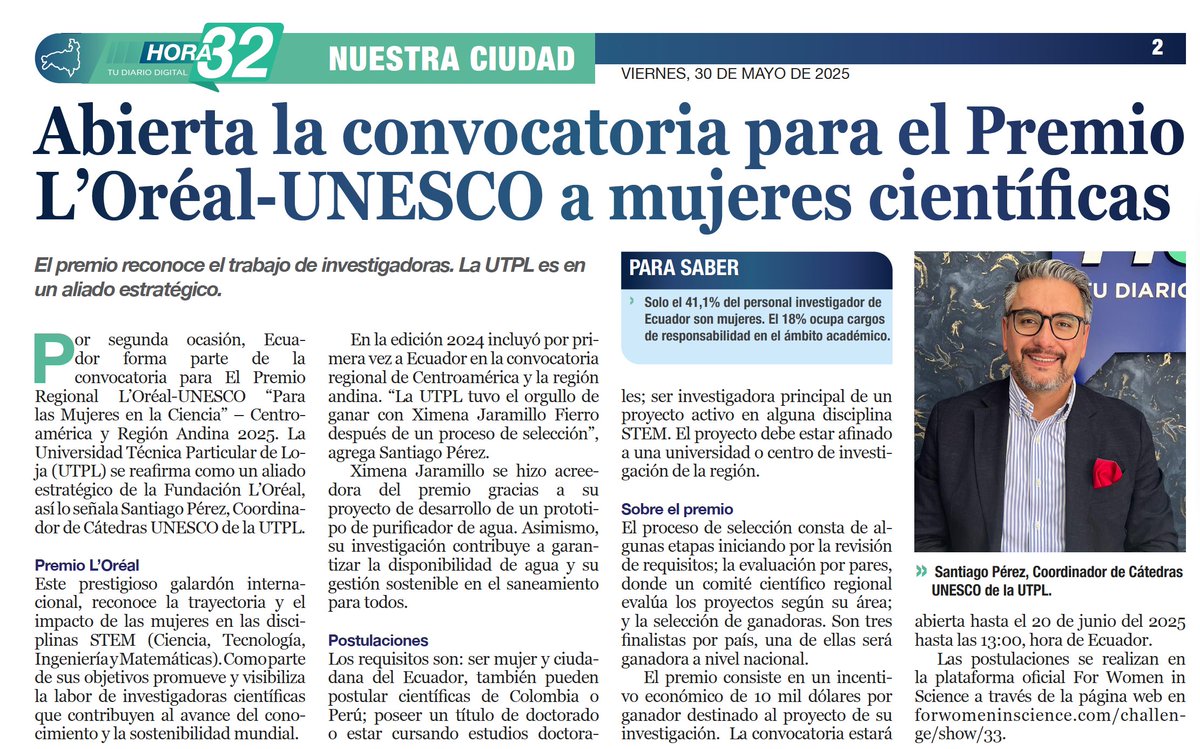 👩‍🔬 La <a href="/utplinvestiga/">UTPL Investiga</a> <a href="/utpl/">🎓 UTPL</a> es aliada estratégica de <a href="/UNESCOQuito/">UNESCO en Ecuador #educación #cultura #ciencia #CI</a> en el Premio L'Oréal-UNESCO 2025 “Por las Mujeres en la Ciencia”.<a href="/Cat_Unesco_UTPL/">Cátedras Unesco UTPL</a> <a href="/HORA32LOJA/">HORA32</a> 

🔬 Un reconocimiento al talento de las mujeres en la ciencia e investigación en las disciplinas STEM.

📅 Postula hasta