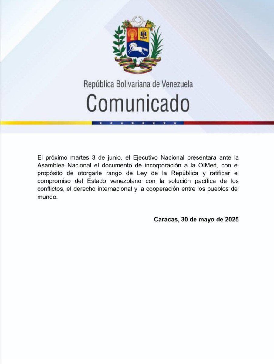 #Comunicado 📢 Venezuela ingresó a la nueva y poderosa Organización Internacional para la Mediación como apuesta firme por la paz, la soberanía y el multilateralismo

La República Bolivariana de Venezuela informa a la comunidad internacional que ha ingresado a la Organización