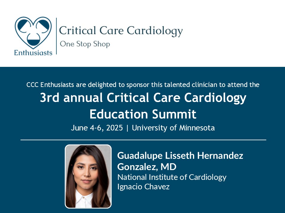 CCC Enthusiasts (@cccenthusiasts) on Twitter photo We are excited for the 3rd annual <a href="/UMN_CCCEdSummit/">UMN Critical Care Cardiology Education Summit</a> on June 4-6, 2025, at UMN's East Bank Campus. We are thrilled to be sponsoring Dr. Guadalupe Lisseth Hernandez Gonzalez to attend the Summit! The CCCES is in collaboration with <a href="/SocietyOfCCC/">Society Of Critical Care Cardiology</a> and <a href="/CardioNerds/">CardioNerds</a>.
#UMN_CCCEdSummit We are excited for the 3rd annual <a href="/UMN_CCCEdSummit/">UMN Critical Care Cardiology Education Summit</a> on June 4-6, 2025, at UMN's East Bank Campus. We are thrilled to be sponsoring Dr. Guadalupe Lisseth Hernandez Gonzalez to attend the Summit! The CCCES is in collaboration with <a href="/SocietyOfCCC/">Society Of Critical Care Cardiology</a> and <a href="/CardioNerds/">CardioNerds</a>.
#UMN_CCCEdSummit