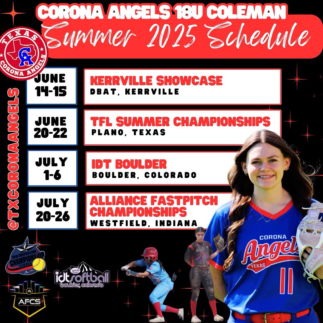 Corona Angels Texas (@coronaangelstx) on Twitter photo ‼️ Corona Angels 18U Coleman 2025 Summer Schedule ‼️
@thealliancefastpitch <a href="/afcs/">Flash Collaboration</a> @idtboulder @tflfastpitch
#coronaangels #caallday #coronaanglescoleman #coronaangelstexas #18U #softball #select #summerseason ‼️ Corona Angels 18U Coleman 2025 Summer Schedule ‼️
@thealliancefastpitch <a href="/afcs/">Flash Collaboration</a> @idtboulder @tflfastpitch
#coronaangels #caallday #coronaanglescoleman #coronaangelstexas #18U #softball #select #summerseason