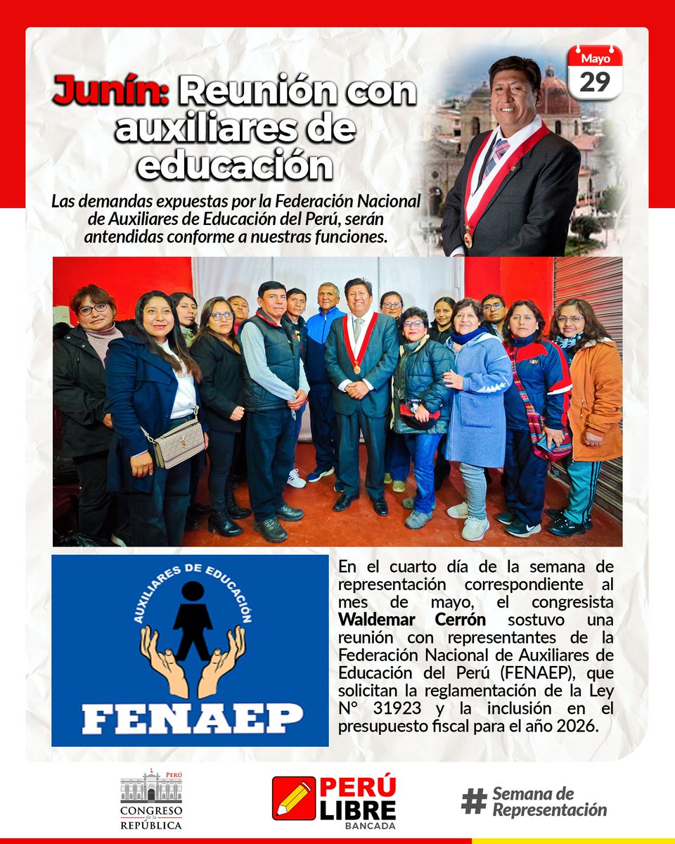 El congresista <a href="/waldemar_cerron/">Waldemar Cerrón Rojas</a> sostuvo una reunión con representantes de la Federación Nacional de Auxiliares de Educación del Perú (FENAEP), que solicitan la reglamentación de la Ley N° 31923 y la inclusión en el presupuesto fiscal para el año 2026.