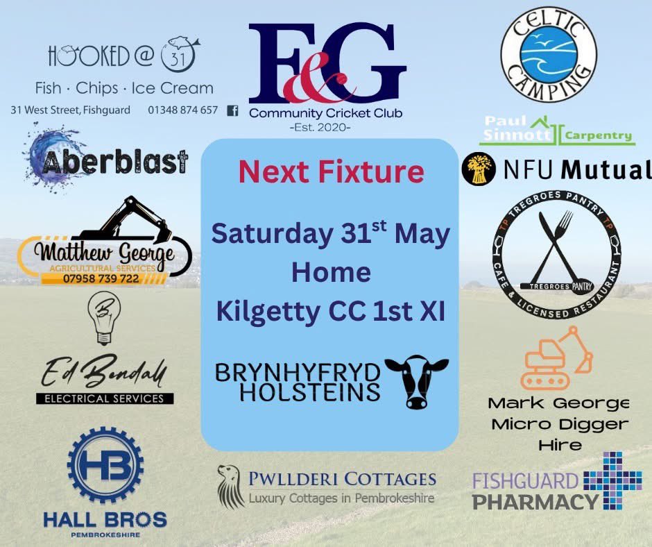 Fishguard & Goodwick CCC (@fandgccc) on Twitter photo The rain is behind us and the wicket is prepped!
We welcome <a href="/Kilgettycricket/">Kilgetty CC</a> to Tregroes Park.
Special thanks to this fixture's ball sponsor, Brynhyfryd Holsteins ๐ฎ
#WaitOn ๐ The rain is behind us and the wicket is prepped!
We welcome <a href="/Kilgettycricket/">Kilgetty CC</a> to Tregroes Park.
Special thanks to this fixture's ball sponsor, Brynhyfryd Holsteins ๐ฎ
#WaitOn ๐