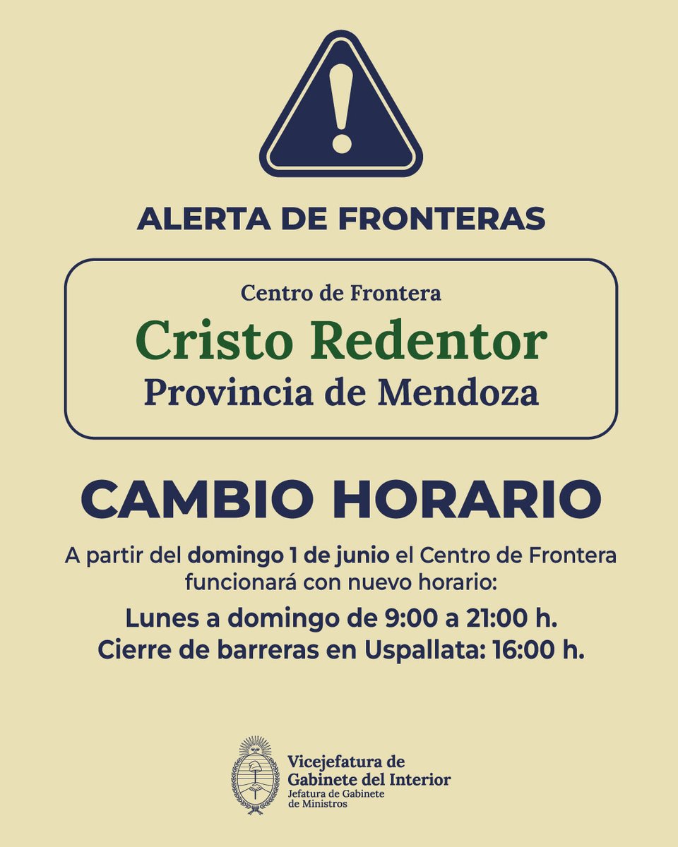 A partir del domingo 1 de junio el Centro de Frontera Cristo Redentor en la provincia de Mendoza funcionará con nuevo horario.

Lunes a domingo de 9:00 a 21:00 h
Cierre de barreras en Uspallata: 19:00 h

🔗 Consultá el estado actualizado en argentina.gob.ar/cristo-redentor