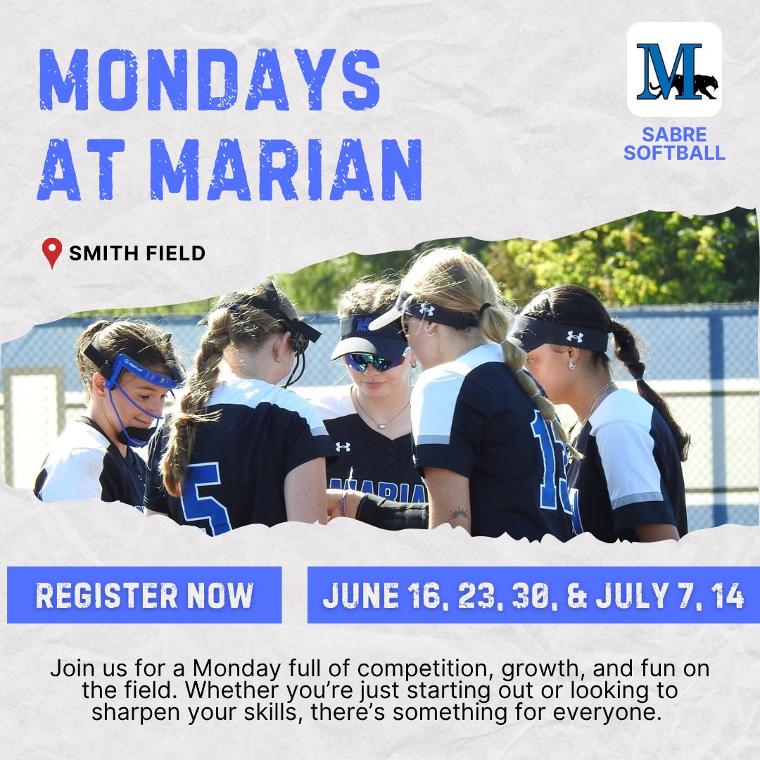 🥎 Train with the Sabres! 🥎
Join us for our Monday's at Marian softball camps, where you'll train with collegiate athletes, sharpen your skills, and have a blast on the field! 

🎯 Grades 3–7 &amp; 8-12 welcome
🔗 Register now: sabreathletics.com/news/2025/5/15…
