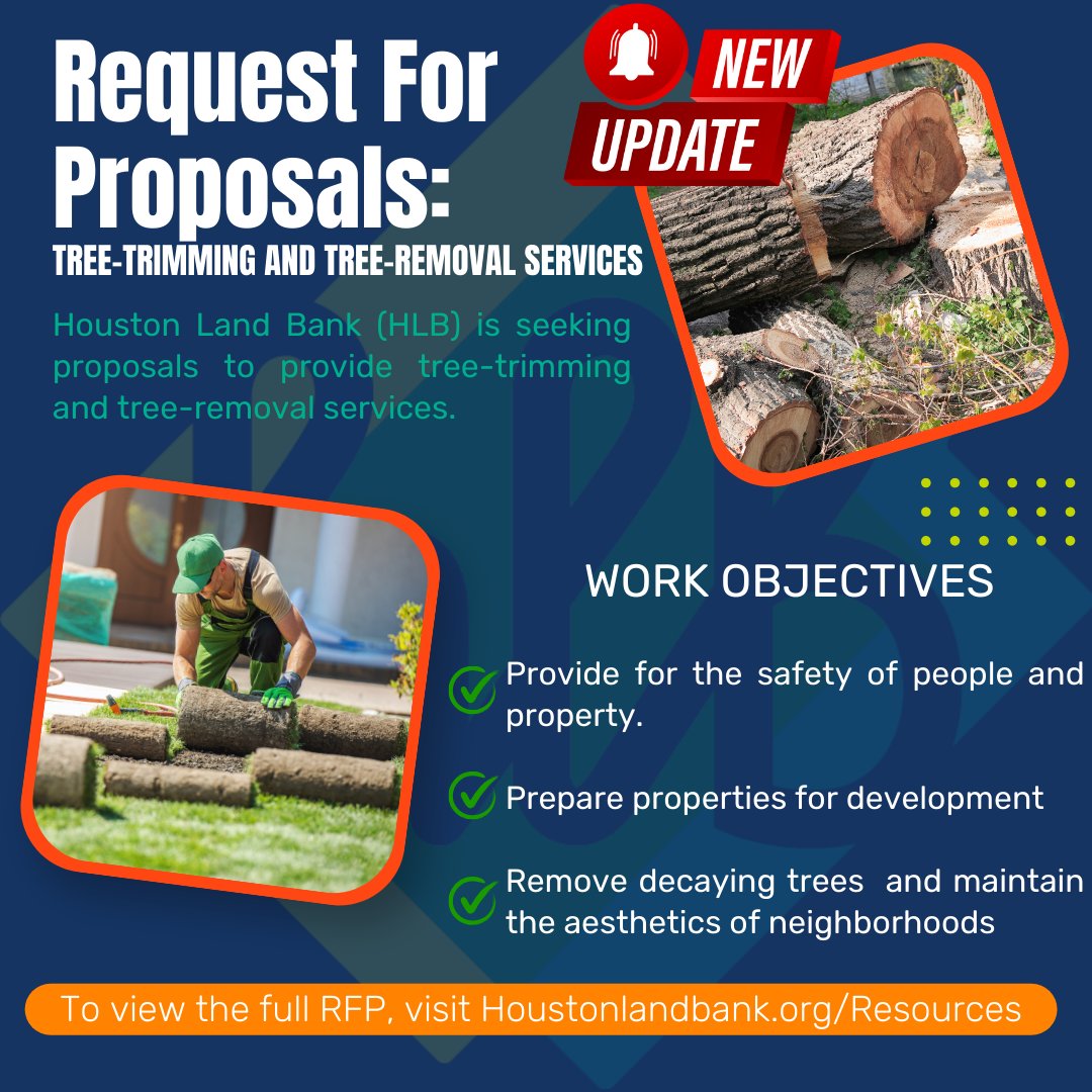 📷 Tree Services RFP Now Open! 📷
Houston Land Bank is accepting proposals for tree-trimming and tree-removal services across our properties.
📷 Submit your proposal today!
📷 To view the RFP, visit lnkd.in/g9ECQFEJ.