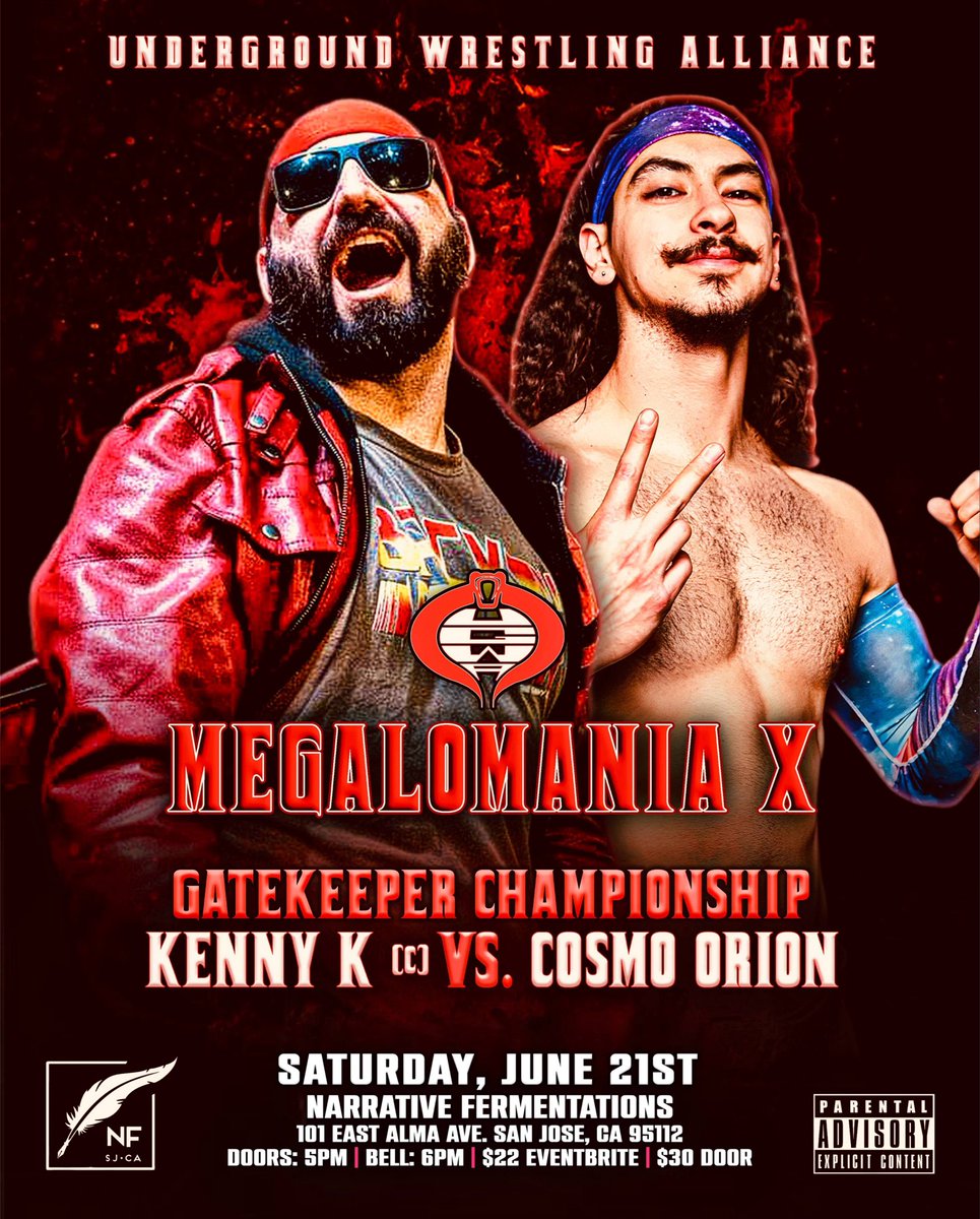 Another match for 6/21 in San Jose at Megalomania X
#KennyK 
Vs
#CosmoOrion
For the Gatekeeper title!

Tickets available NOW
eventbrite.com/e/125868065070…