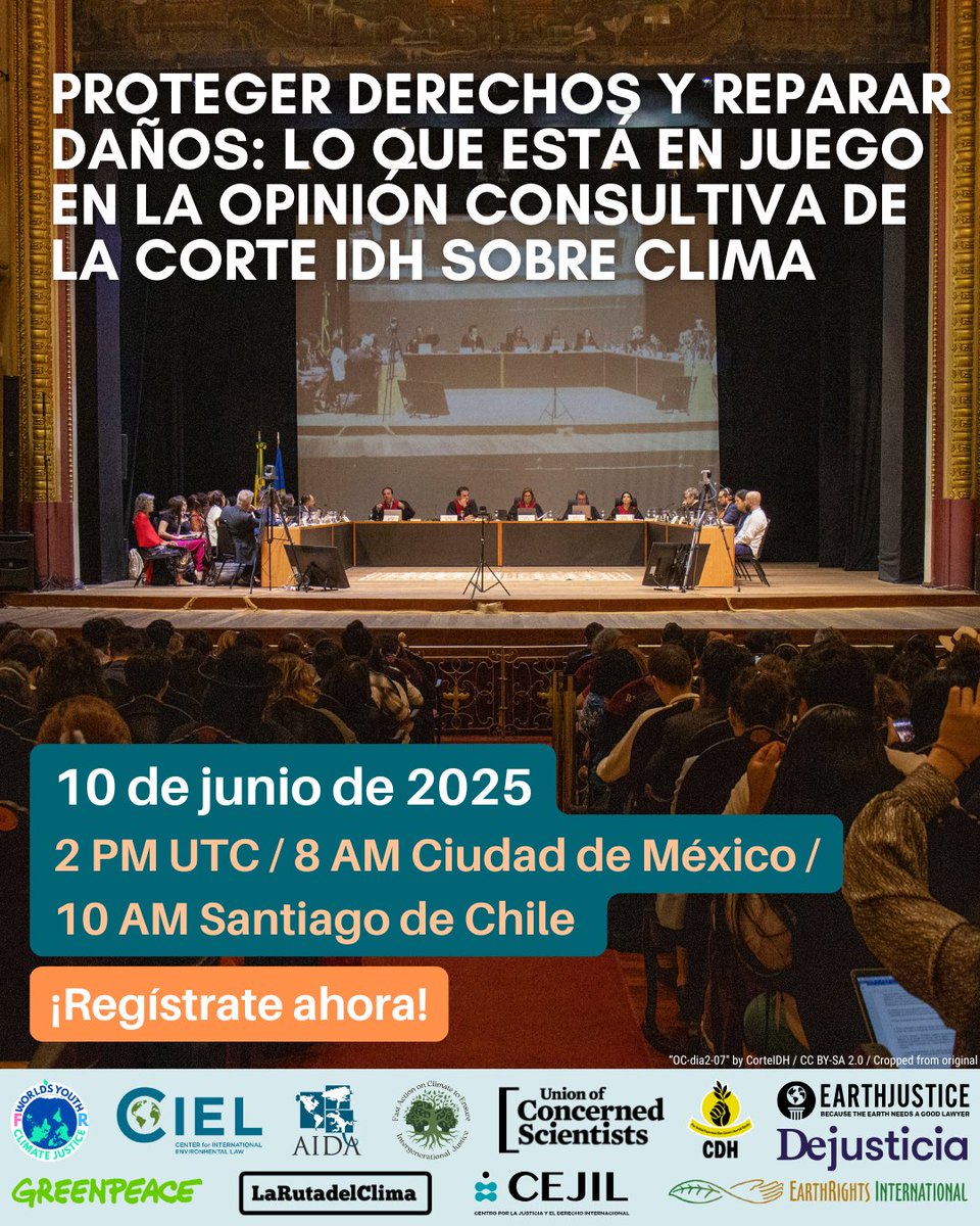 Center for International Environmental Law (@ciel_tweets) on Twitter photo 📣 Aparta la fecha y regístrate para un seminario web sobre el potencial transformador de la esperada Opinión Consultiva de la <a href="/CorteIDH/">Corte Interamericana de Derechos Humanos</a>
📝 Registro: bit.ly/4kyvxFU
🗓️ Martes, 10 de junio
🇲🇽 8hrs / 🇨🇴9hrs / 🇧🇷11hrs / 14hrs UTC
💬 Interpretación en inglés y español 📣 Aparta la fecha y regístrate para un seminario web sobre el potencial transformador de la esperada Opinión Consultiva de la <a href="/CorteIDH/">Corte Interamericana de Derechos Humanos</a>
📝 Registro: bit.ly/4kyvxFU
🗓️ Martes, 10 de junio
🇲🇽 8hrs / 🇨🇴9hrs / 🇧🇷11hrs / 14hrs UTC
💬 Interpretación en inglés y español