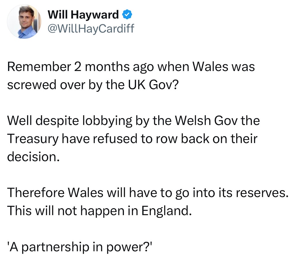 Rachel Reeves’ National Insurance hike will see Wales short-changed yet again by Westminster.

We shouldn’t have to beg for what’s rightfully ours, only to be ignored. This isn’t a partnership; It’s control.

Wales deserves better! #indyWales 🏴󠁧󠁢󠁷󠁬󠁳󠁿 #annibyniaeth