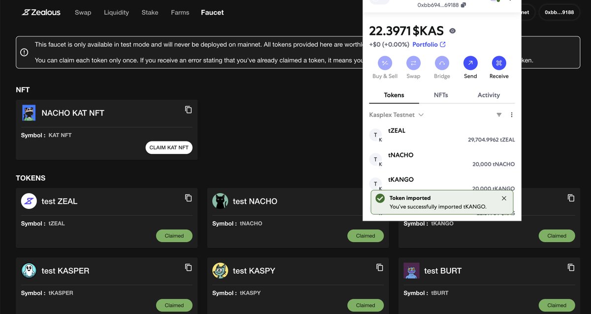 <a href="/kasplex/">Kasplex</a> and <a href="/ZealousSwap/">Zealous Swap</a> been cooking! Testing the Dex and haven't found an issue so far. Swaps, NFTs, Transfers etc - all works as expected (and faster than ETH). $eth <a href="/ethereum/">Ethereum</a> transactions Powered by <a href="/KaspaCurrency/">Kaspa 404 DYOR (commentary)</a>