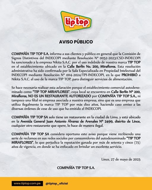 🤯🤯🤯
Solo en el Perú, donde los congresistas son capaces de hacer leyes para que NOSOTROS le paguemos su campaña 😡, se nos estafaría a vista y paciencia 
He comido ahí creyendo que realmente era una filial de TIP TOP y miren pues, habría sido una estafa