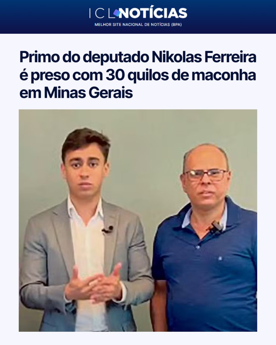 🚨 O primo do deputado Nikolas Ferreira (PL) foi preso em Minas Gerais por traficar 30 QUILOS de maconha.

Glaycon Raniere é filho do tio de Nikolas, Enéas Fernandes, que foi candidato a prefeito em Nova Serrana, cidade que Nikolas enviou R$ 1,5 MILHÃO em emendas parlamentares,