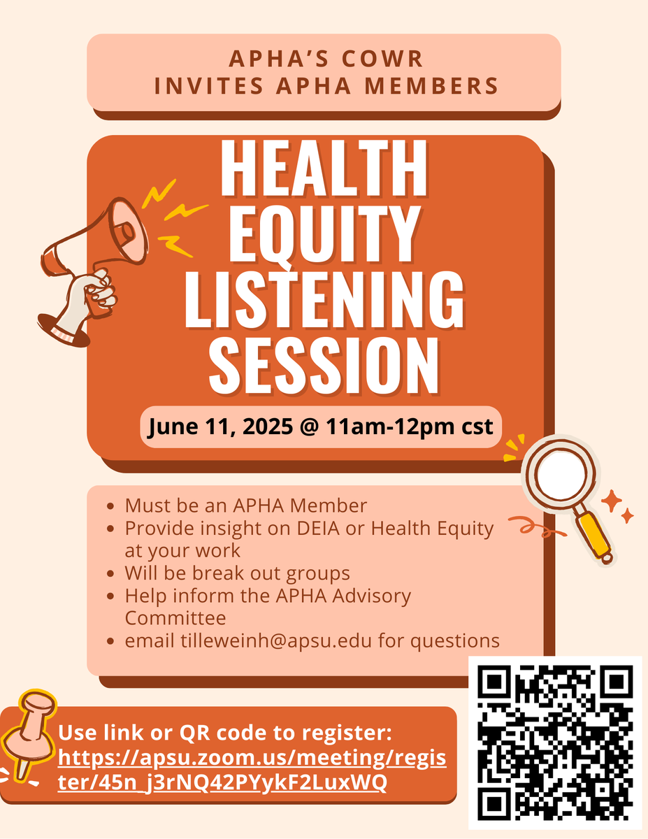 APHA Disability (@aphadisability) on Twitter photo APHA Members! Join the Health Equity Listening Session
🗓️ June 11, 2025
🕚 11am–12pm CST
💬 Share your DEIA/Health Equity insights
🔗 Register: apsu.zoom.us/meeting/regist…
📧 Questions? tilleweinh@apsu.edu
#APHA #HealthEquity #DEIA APHA Members! Join the Health Equity Listening Session
🗓️ June 11, 2025
🕚 11am–12pm CST
💬 Share your DEIA/Health Equity insights
🔗 Register: apsu.zoom.us/meeting/regist…
📧 Questions? tilleweinh@apsu.edu
#APHA #HealthEquity #DEIA