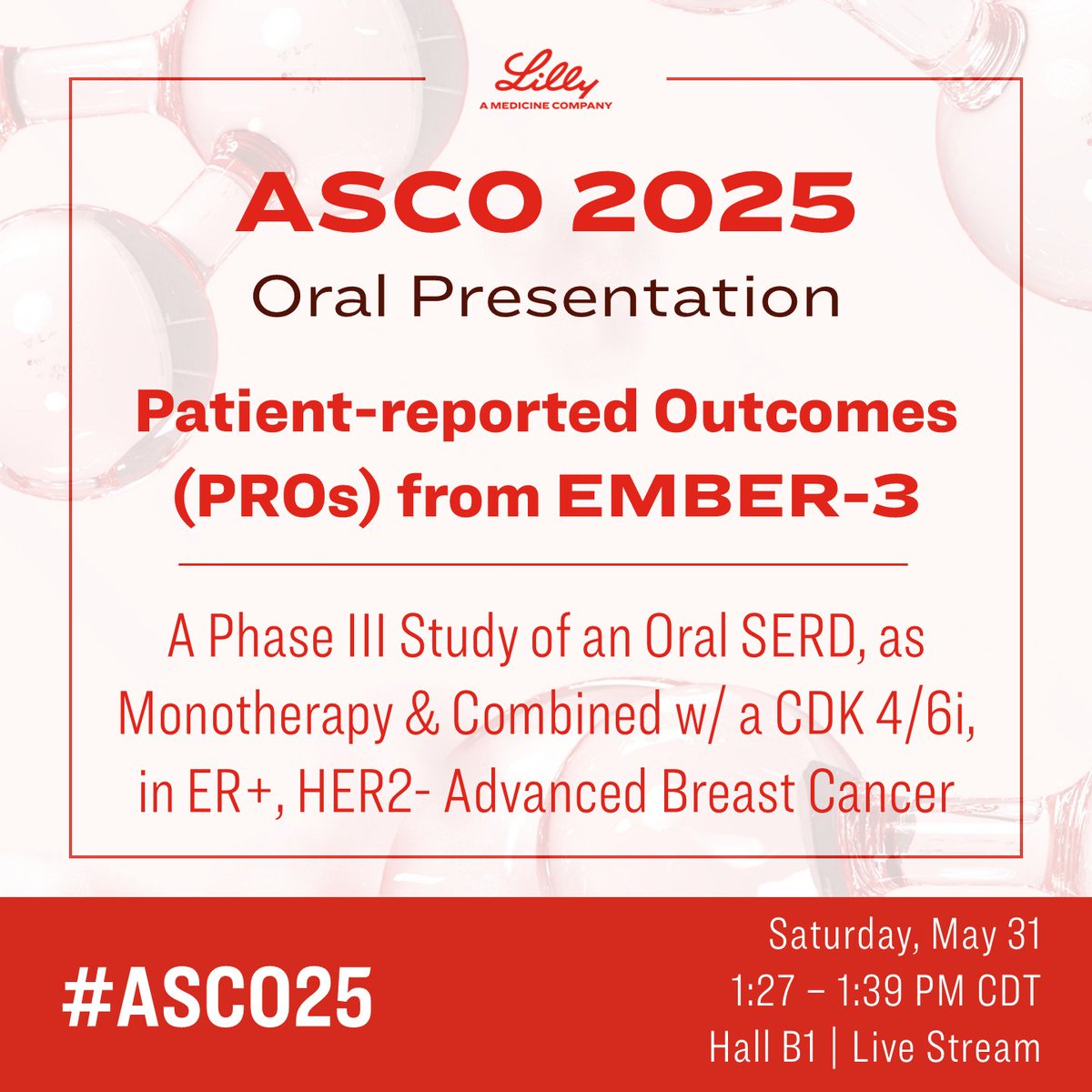 LillyOncMed's tweet image. #ASCO25 | Learn about patient-reported outcomes (PROs) from EMBER-3, a phase 3 study investigating an oral #SERD with or without a CDK 4/6 inhibitor in ER+, HER2- advanced #BreastCancer.
See the presentation details here: e.lilly/3ZIYg2K
#BCSM #CancerResearch