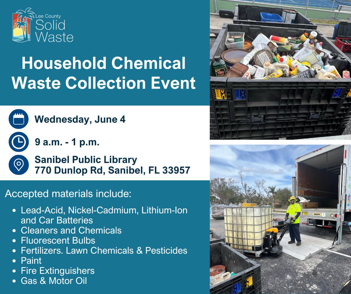 Lee County Government (@leecountyflbocc) on Twitter photo Lee County Solid Waste is holding a household chemical waste drop-off event for residents in the <a href="/City_of_Sanibel/">City of Sanibel</a> on June 4, at the Sanibel Public Library. Please note that business and commercial waste is not accepted at these events. Get more info: bit.ly/3XxKU5J. Lee County Solid Waste is holding a household chemical waste drop-off event for residents in the <a href="/City_of_Sanibel/">City of Sanibel</a> on June 4, at the Sanibel Public Library. Please note that business and commercial waste is not accepted at these events. Get more info: bit.ly/3XxKU5J.