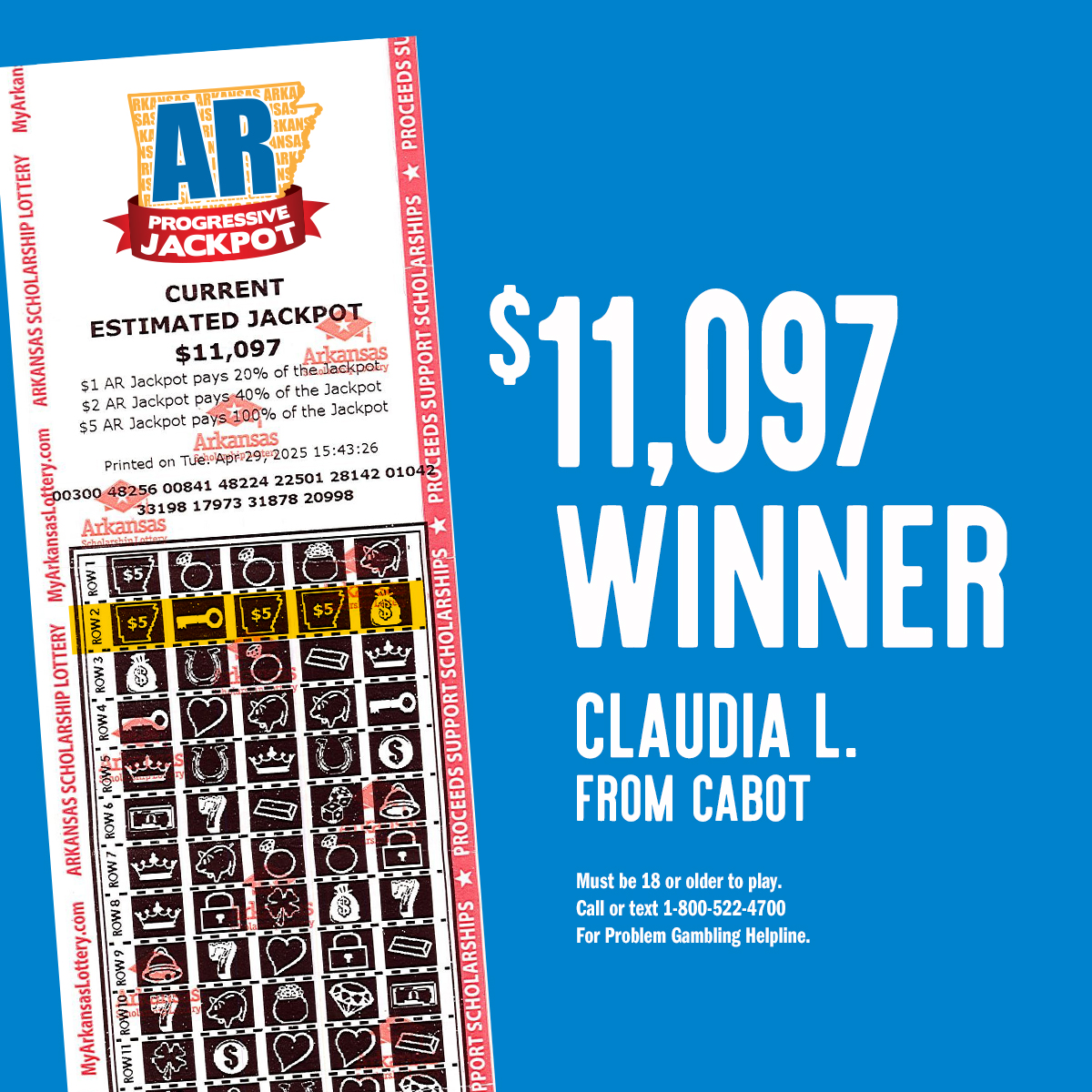 The winning never stops in Arkansas! Claudia from Cabot is an $11,097 AR Progressive Jackpot winner! You could be next. Play today and try your luck. #ThisIsWinning MyArkansasLottery.com/FastPlay