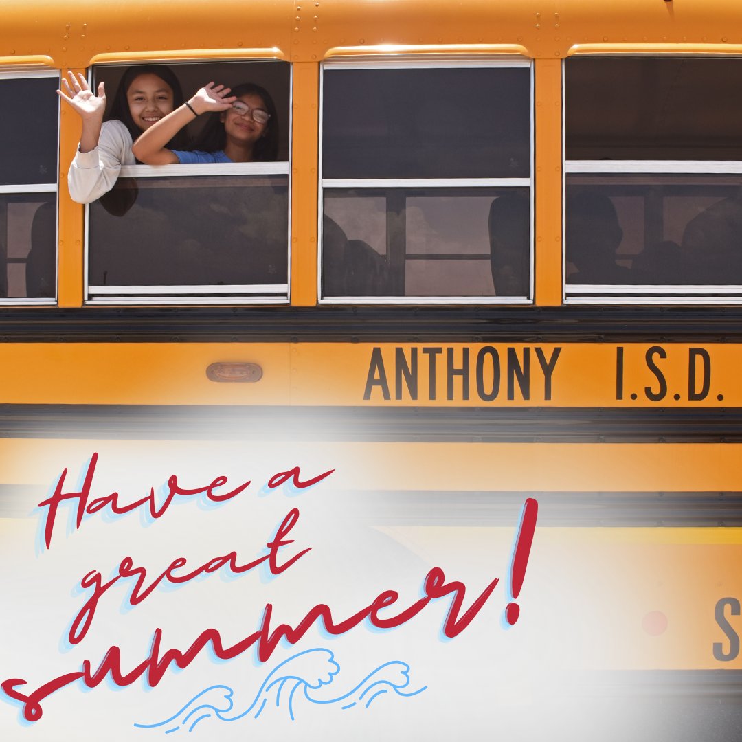 Anthony ISD Wildcats π (@_anthonyisd) on Twitter photo Schoolβs out! βοΈ
We wish our Wildcats a great break! π
βSummer scheduleβ¬οΈ
π Intersession: June 2β13
π’ AISD Office Hours: MonβThurs, 7AM-5PM (June 2βJuly 18)
π
June 19: District closed, Juneteenth
πΊπΈ July 1β4: District closed, Independence Day
π First Day of School: July 28 Schoolβs out! βοΈ
We wish our Wildcats a great break! π
βSummer scheduleβ¬οΈ
π Intersession: June 2β13
π’ AISD Office Hours: MonβThurs, 7AM-5PM (June 2βJuly 18)
π
June 19: District closed, Juneteenth
πΊπΈ July 1β4: District closed, Independence Day
π First Day of School: July 28
