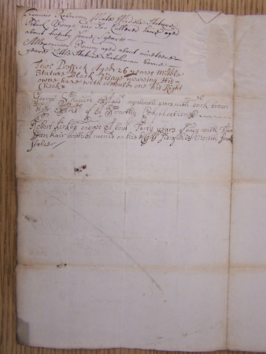 n_docs's tweet image. 1702. A protection cert. from the pressmen for sailors on the John of London while transporting Ambrose Crowley's ironwork from Newcastle to London for Her Majesty's service.
Interesting to read the descriptions of the sailors in question, a pity no birthplaces are mentioned.