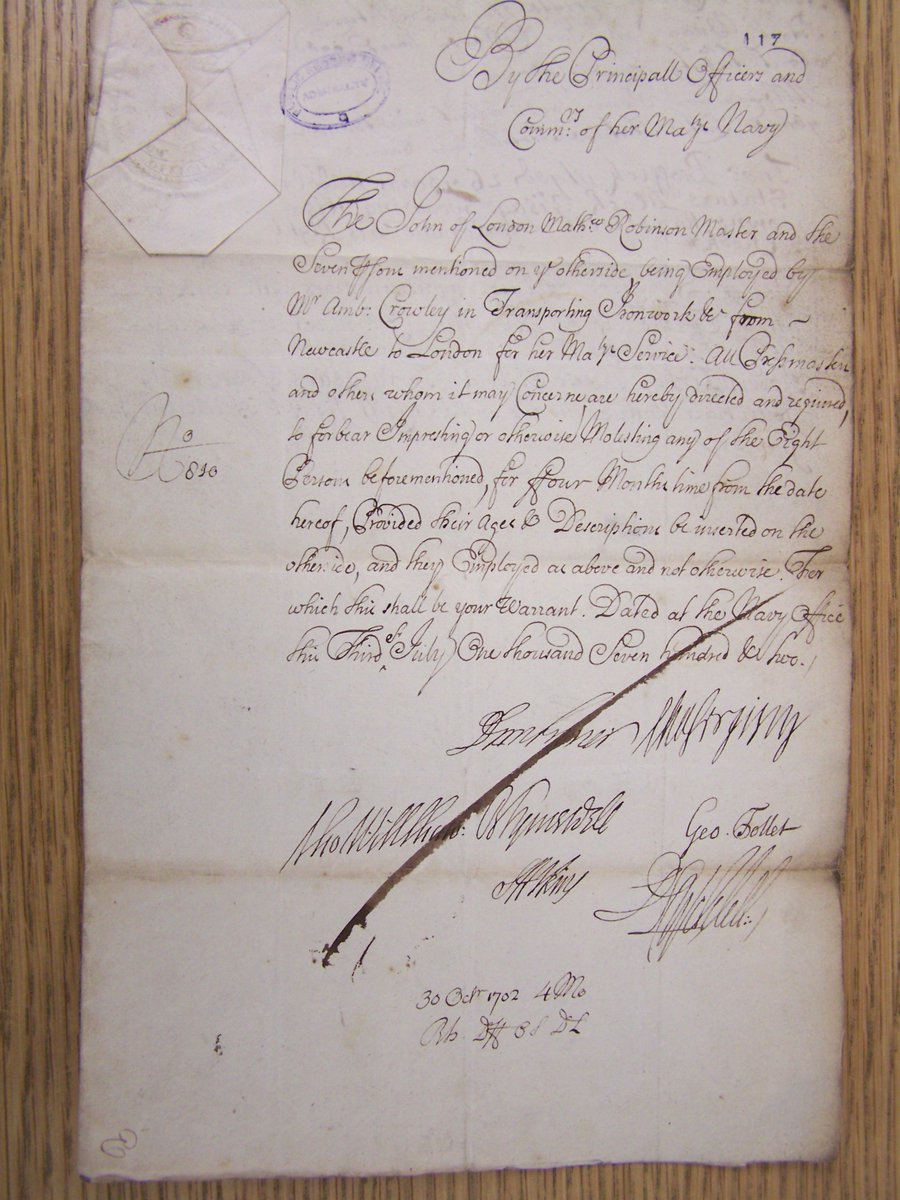 n_docs's tweet image. 1702. A protection cert. from the pressmen for sailors on the John of London while transporting Ambrose Crowley's ironwork from Newcastle to London for Her Majesty's service.
Interesting to read the descriptions of the sailors in question, a pity no birthplaces are mentioned.