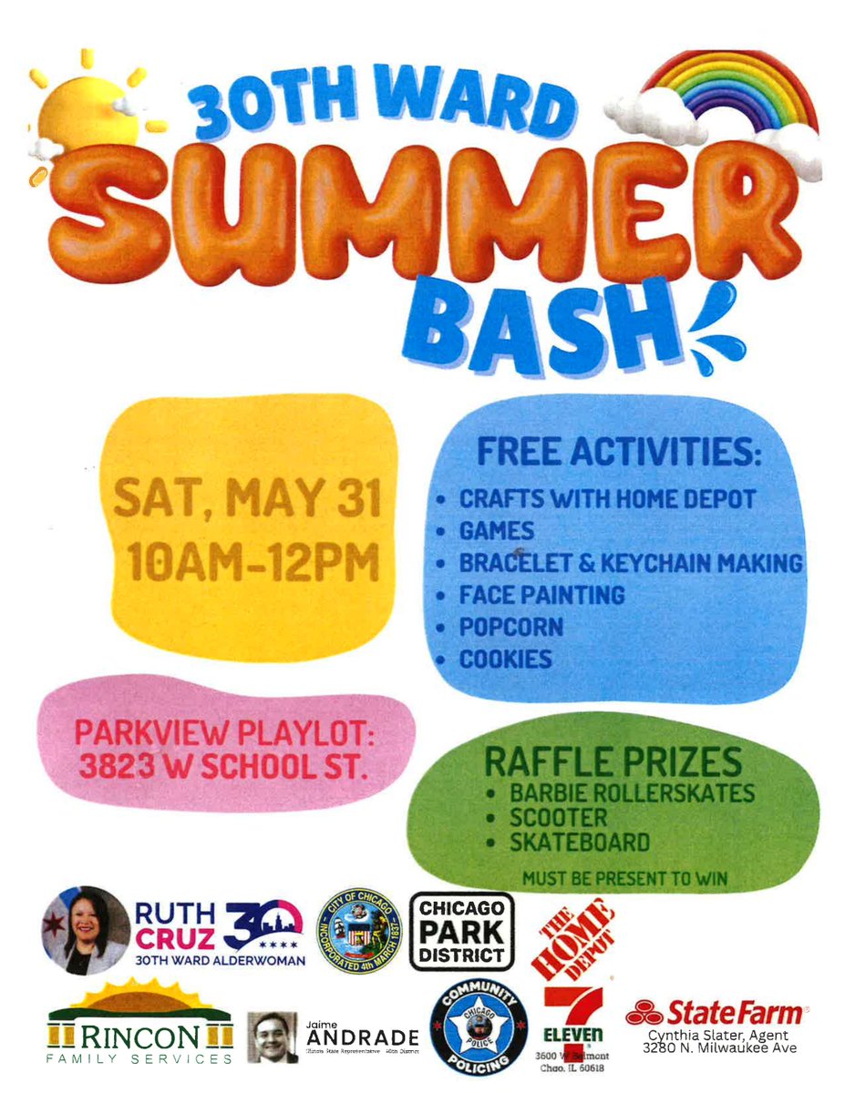 Jaime Andrade, State Representative, 40th District (@repandrade40) on Twitter photo Joins us and the office of <a href="/AlderwomanCruz/">Alderwoman Cruz</a> for summer bash.
Saturday, May 31
10a-12p
Parkview Playlot Joins us and the office of <a href="/AlderwomanCruz/">Alderwoman Cruz</a> for summer bash.
Saturday, May 31
10a-12p
Parkview Playlot