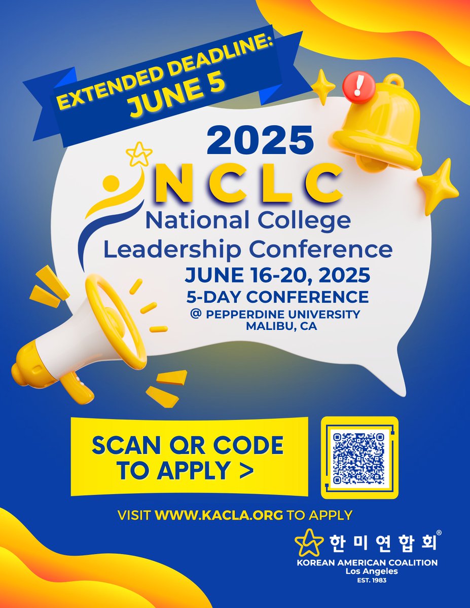 📢  APPLY 2025 NCLC⏰ EXTENDED DEADLINE  June 5 Due to additional support, we are extending the deadline.*All application materials must be submitted ow.ly/3GSs50W1LYM.🔎More information ow.ly/E2oY50W1LYL #NCLC #losangeles #california #theKacla #LeadershipDevelopment
