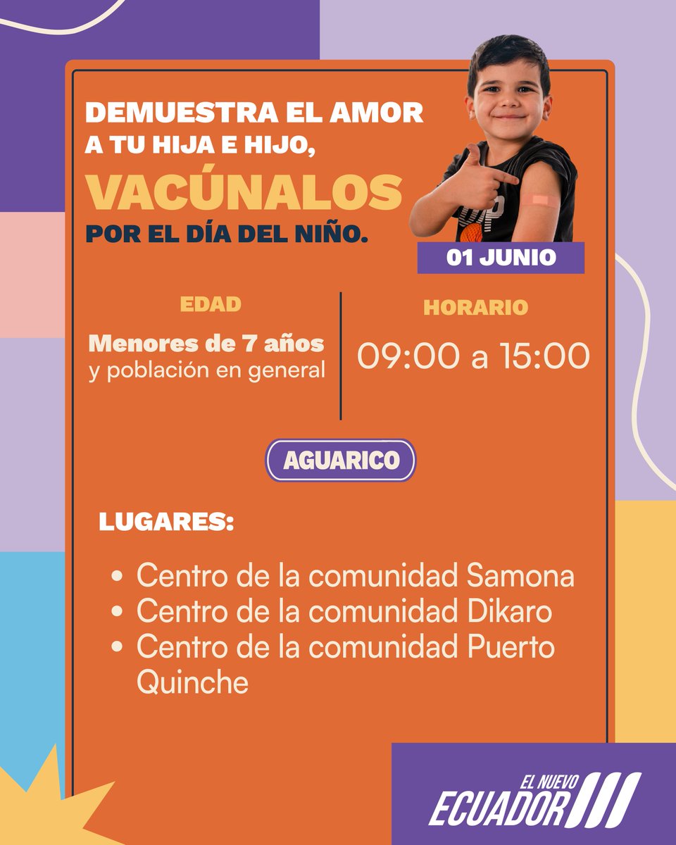 📍 #Orellana | ¡Súmate a esta gran jornada de vacunación este 1 de junio!  

Nuestras  brigadas de vacunación estarán en puntos estratégicos para revisar los  carnets de vacunación y asegurar que niños, niñas y toda la población  estén al día con sus vacunas.  

#ElNuevoEcuador