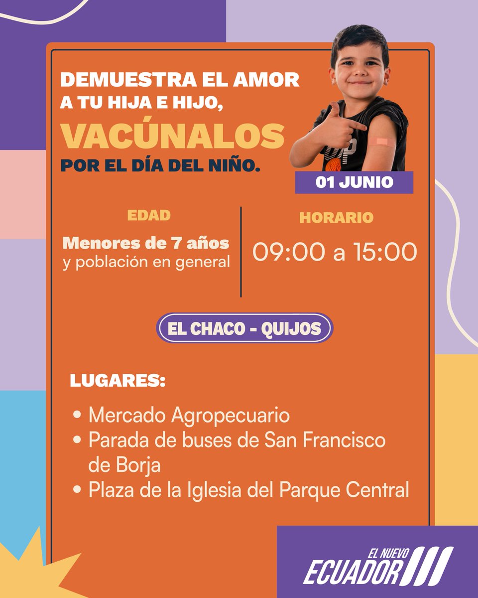📍 #Napo | ¡Súmate a esta gran jornada de vacunación este 1 de junio!    

Nuestras  brigadas de vacunación estarán en puntos estratégicos para revisar los  carnets de vacunación y asegurar que niños, niñas y toda la población  estén al día con sus vacunas.  

#ElNuevoEcuador