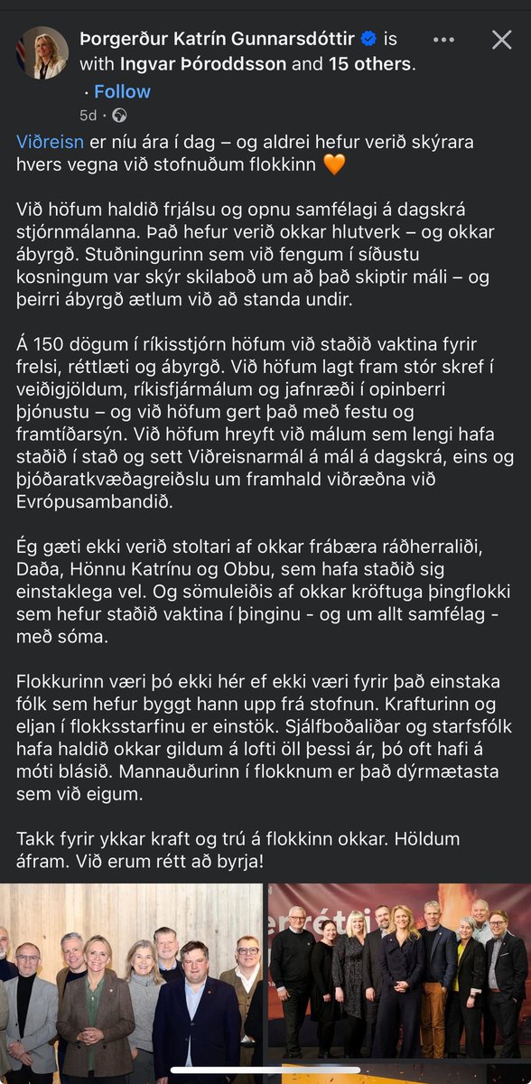 "Á 150 dögum í ríkisstjórn höfum við staðið vaktina fyrir frelsi, réttlæti og ábyrgð" 

Pælið í að vera í svona litlum tengslum við raunveruleikann.... 🥴