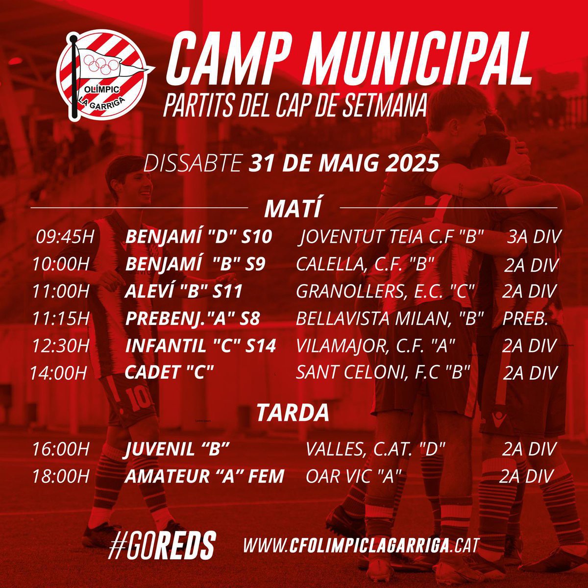 CFOlimpic's tweet photo. Horaris del cap de setmana del 31 de maig i 1 de juny dels equips del #FBase, #FAmateur i #FutFem del #CFOLG que es jugaran al Camp Municipal d’Esporta de #laGarriga.

#CFOLG
#goreds🔴🔴 https://t.co/DcZ3NQKrpn